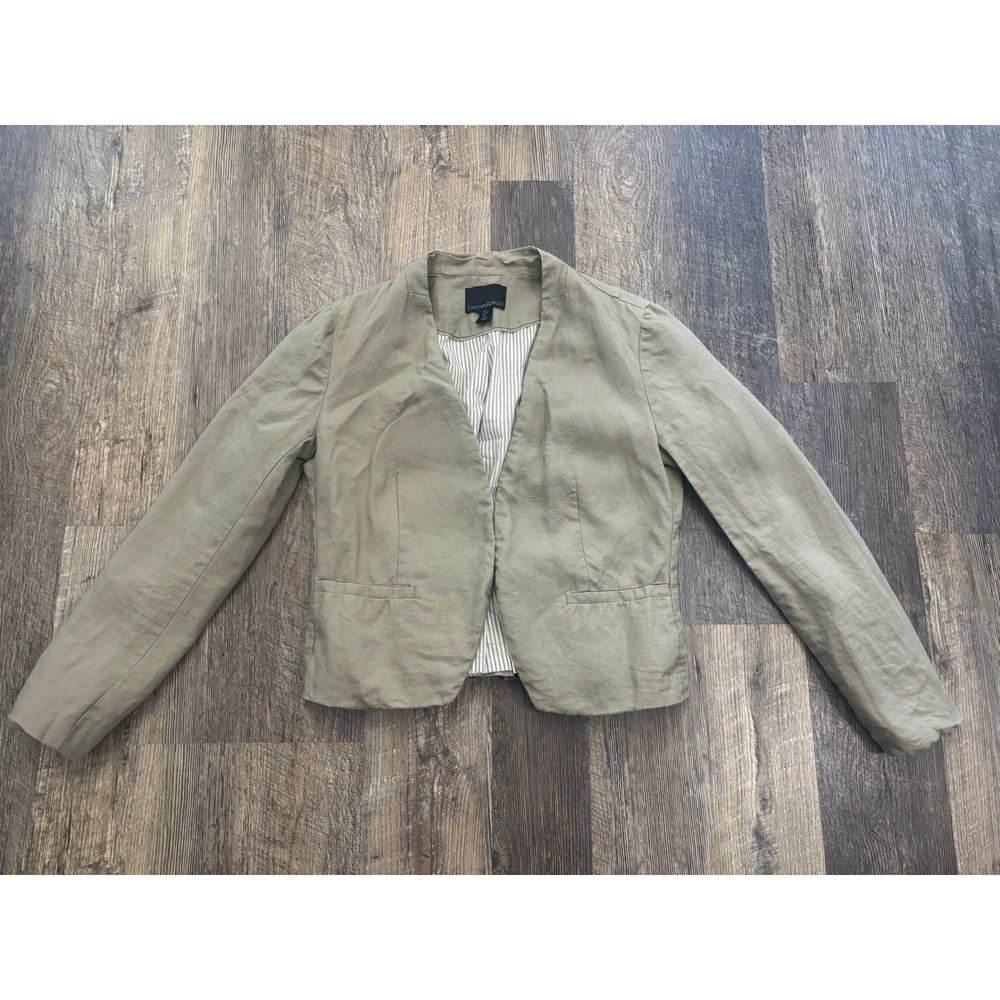 Cynthia Rowley Women Linen Peplum Blazer Jacket Green Khaki Open Front Small